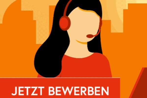 Illustration: Mitarbeiterin mit Headset und dem Schriftzug "Jetzt bewerben"