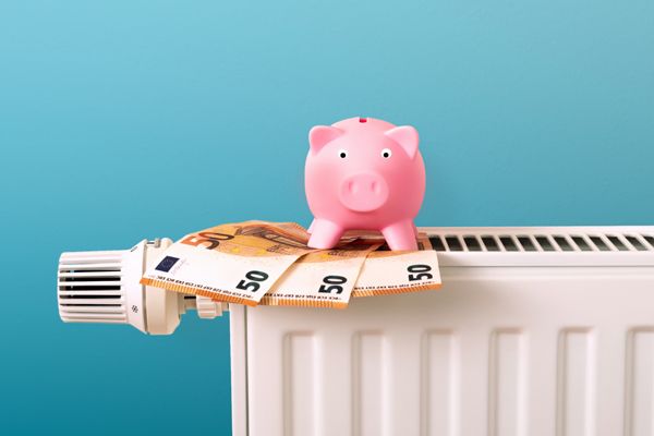 Sparschwein mit 150 Euro auf einem Heizkörper